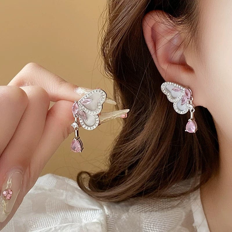 Elegant Pink Crystal Dangle CZ Inlaid Enamel Butterfly Earrings