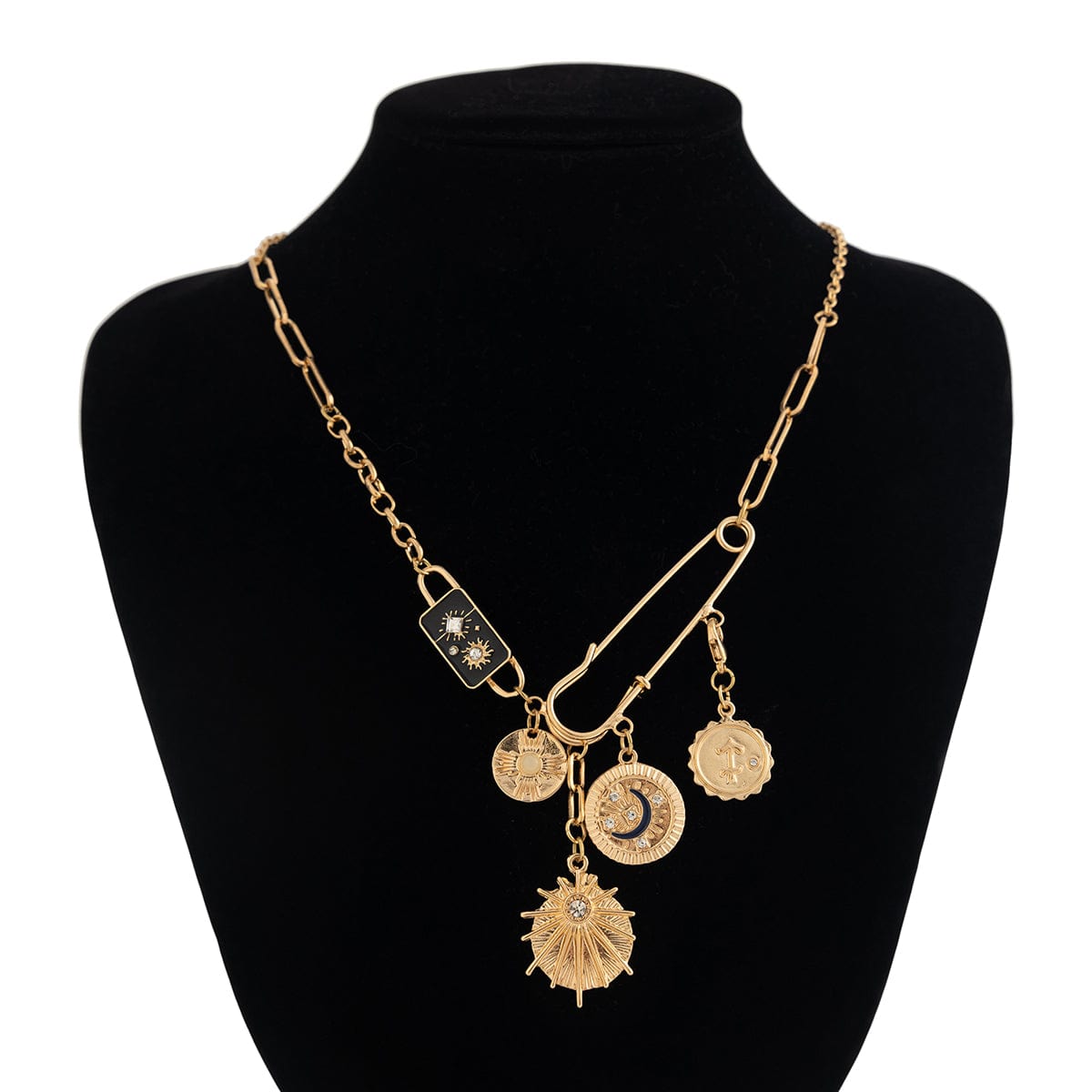 Elegant Rhinestone Inlaid Enamel Round Disk Square Charm Paperclip Necklace - ArtGalleryZen