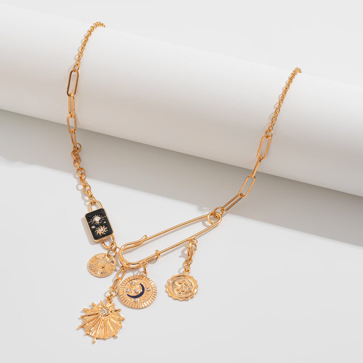 Elegant Rhinestone Inlaid Enamel Round Disk Square Charm Paperclip Necklace - ArtGalleryZen