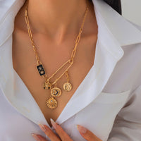 Thumbnail for Elegant Rhinestone Inlaid Enamel Round Disk Square Charm Paperclip Necklace - ArtGalleryZen