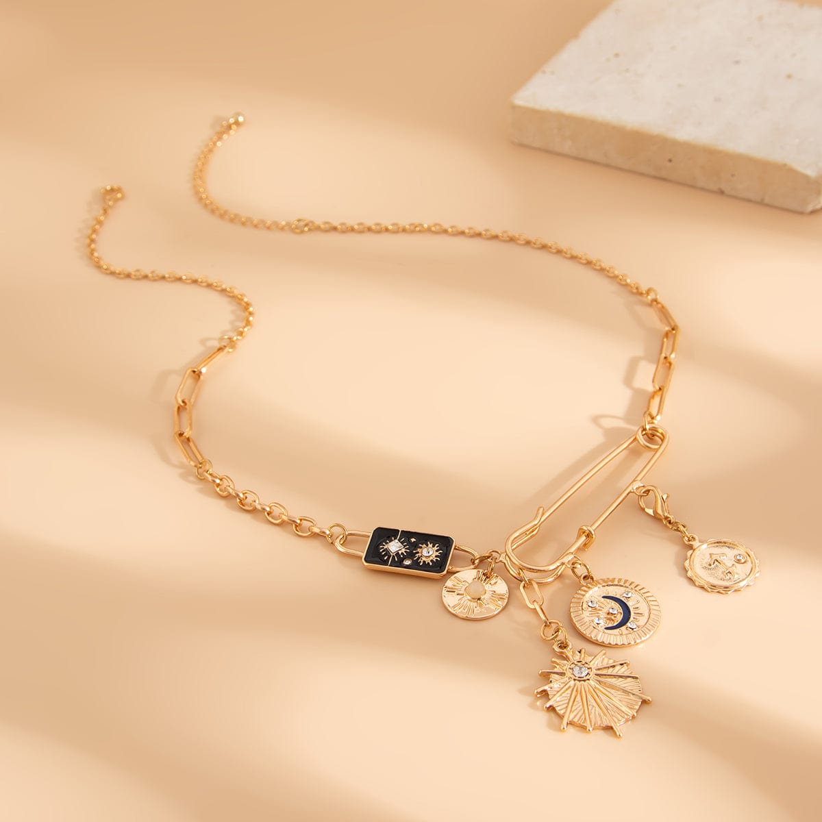 Elegant Rhinestone Inlaid Enamel Round Disk Square Charm Paperclip Necklace - ArtGalleryZen