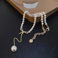 Thumbnail for Elegant Rhinestone Inliad Bowknot Charm Pearl Chain Y Necklace