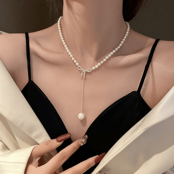 Elegant Rhinestone Inliad Bowknot Charm Pearl Chain Y Necklace