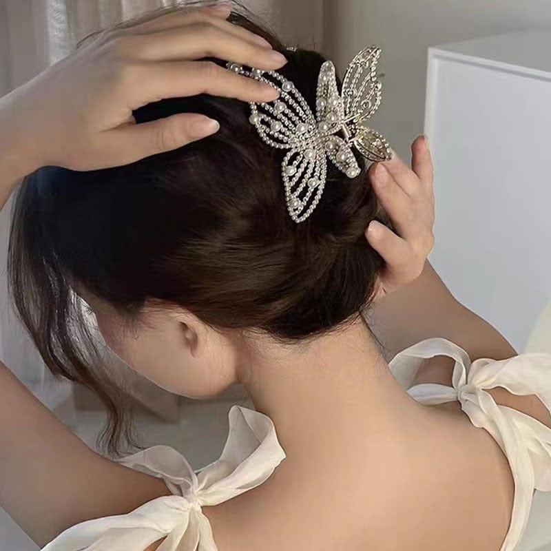Elegant Rhinestone Pearl Inlaid Butterfly Chignon Claw Clip Hair Clip - ArtGalleryZen