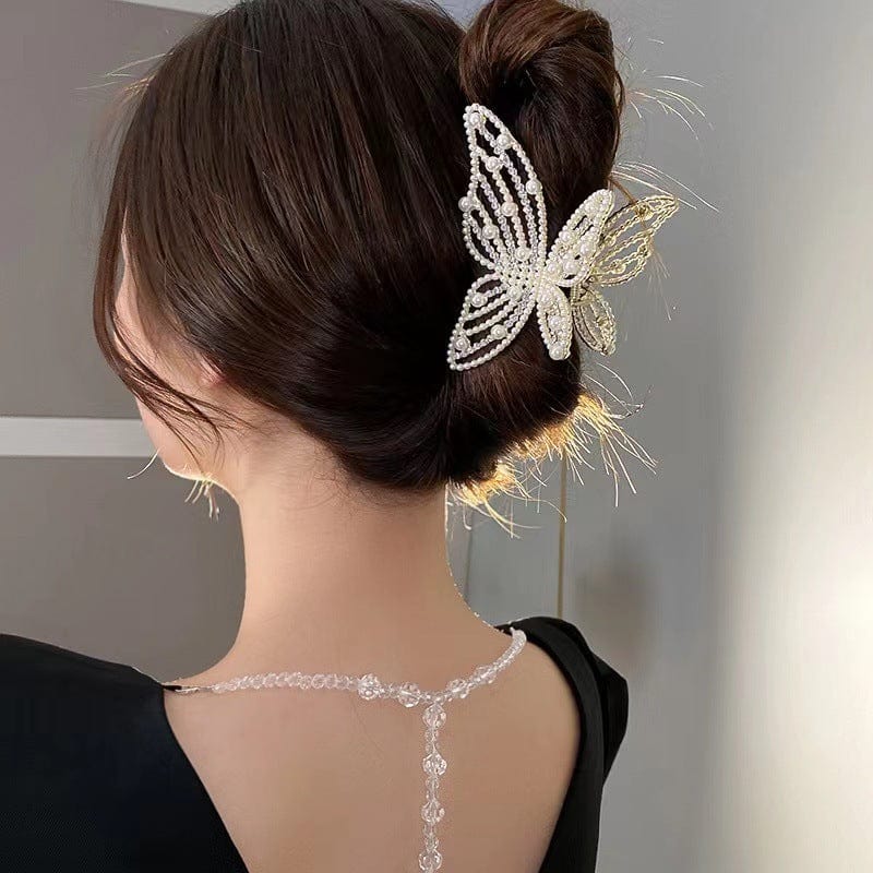 Elegant Rhinestone Pearl Inlaid Butterfly Chignon Claw Clip Hair Clip - ArtGalleryZen
