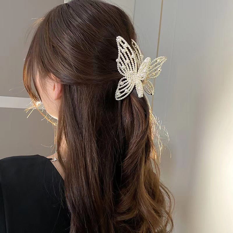 Elegant Rhinestone Pearl Inlaid Butterfly Chignon Claw Clip Hair Clip - ArtGalleryZen