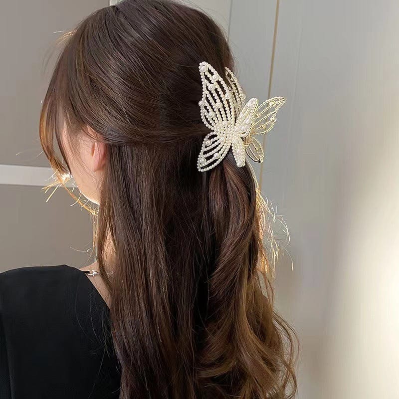 Elegant Rhinestone Pearl Inlaid Butterfly Chignon Claw Clip Hair Clip