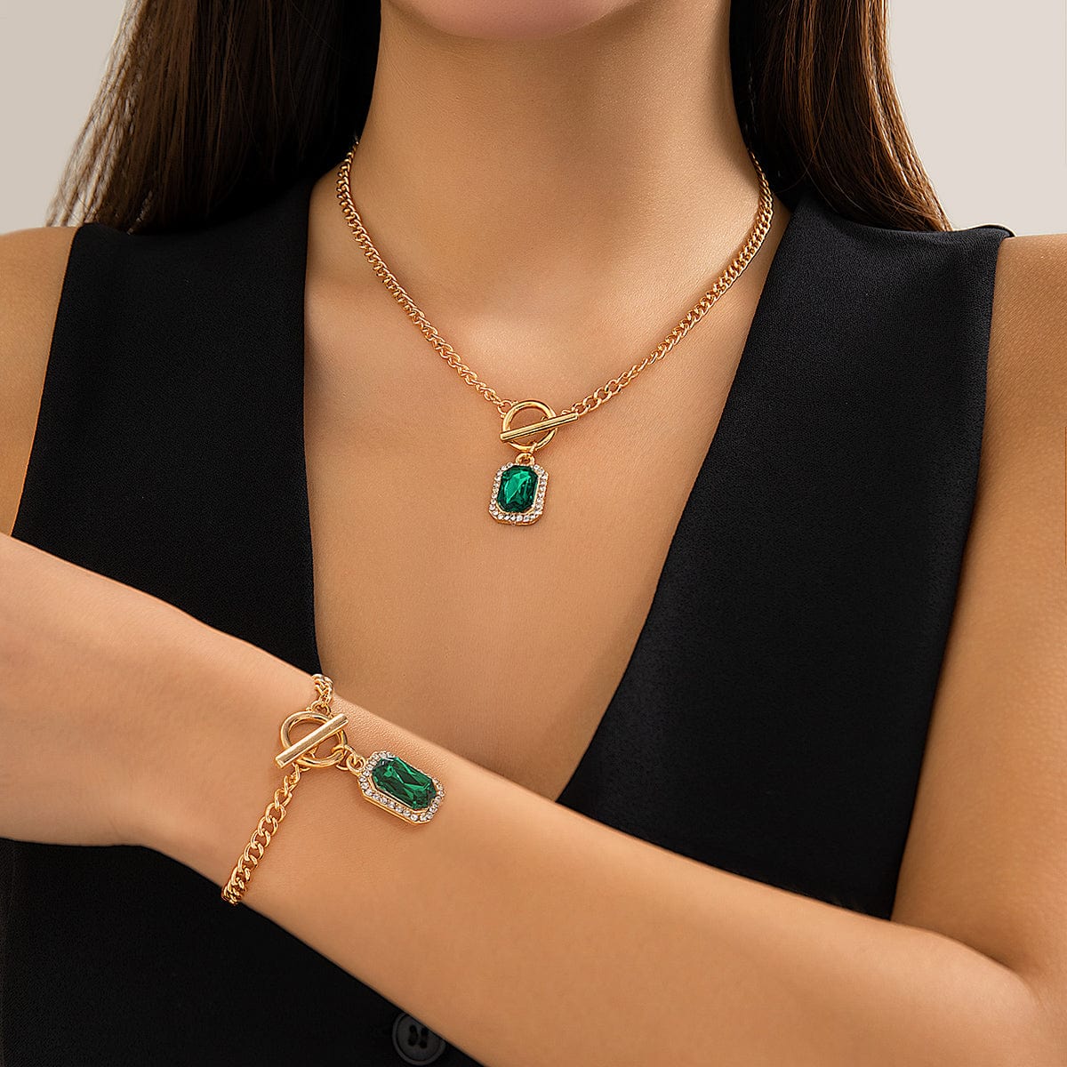 Elegant Toggle Clasp CZ Inlaid Emerald Pendant Curb Chain Necklace Bracelet Set - ArtGalleryZen