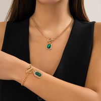 Thumbnail for Elegant Toggle Clasp CZ Inlaid Emerald Pendant Curb Chain Necklace Bracelet Set - ArtGalleryZen