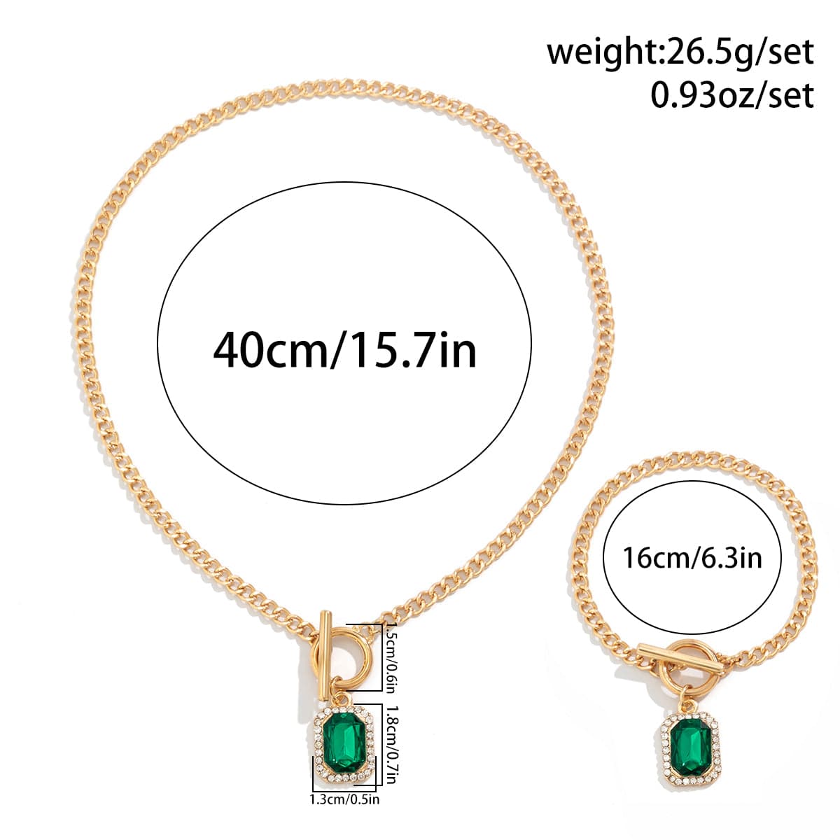 Elegant Toggle Clasp CZ Inlaid Emerald Pendant Curb Chain Necklace Bracelet Set - ArtGalleryZen