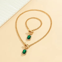 Thumbnail for Elegant Toggle Clasp CZ Inlaid Emerald Pendant Curb Chain Necklace Bracelet Set - ArtGalleryZen