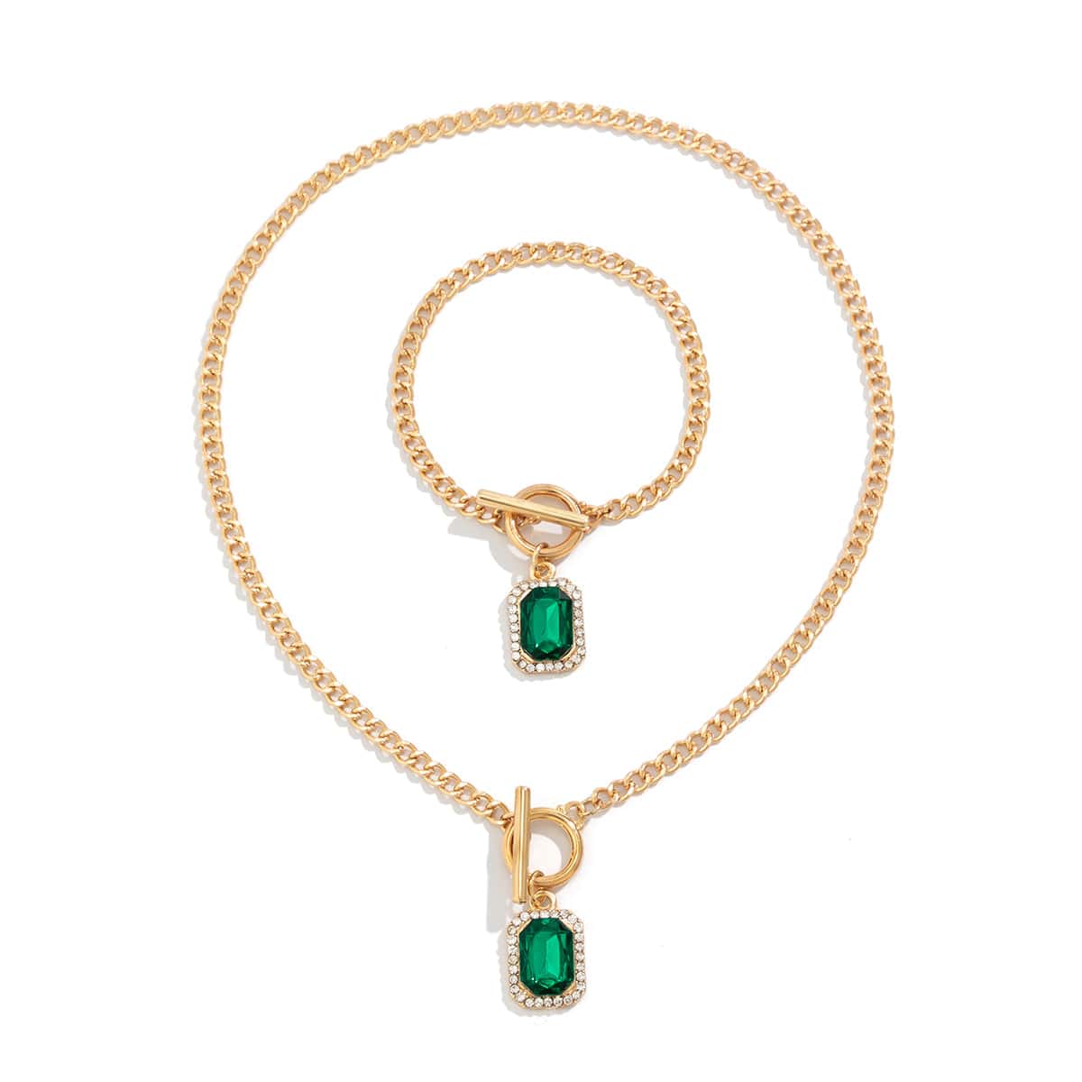 Elegant Toggle Clasp CZ Inlaid Emerald Pendant Curb Chain Necklace Bracelet Set - ArtGalleryZen