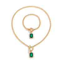 Thumbnail for Elegant Toggle Clasp CZ Inlaid Emerald Pendant Curb Chain Necklace Bracelet Set - ArtGalleryZen