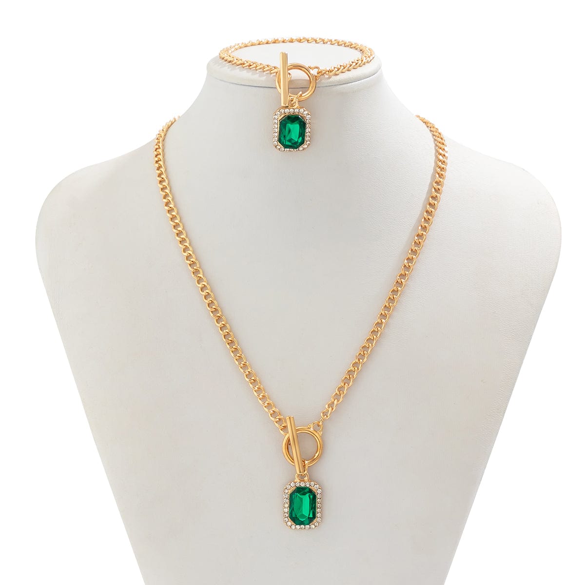 Elegant Toggle Clasp CZ Inlaid Emerald Pendant Curb Chain Necklace Bracelet Set - ArtGalleryZen