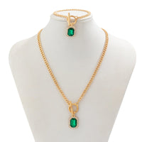 Thumbnail for Elegant Toggle Clasp CZ Inlaid Emerald Pendant Curb Chain Necklace Bracelet Set - ArtGalleryZen