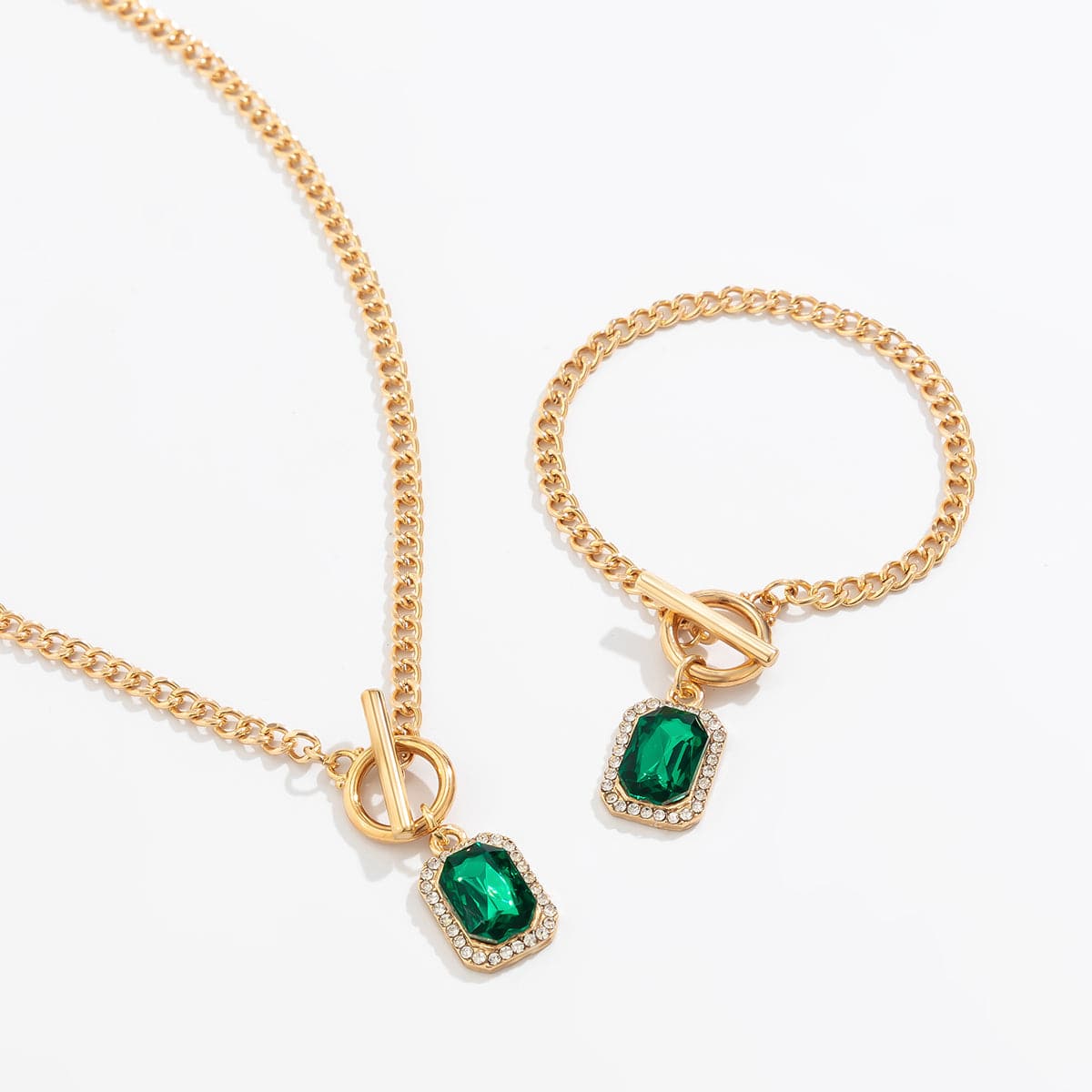 Elegant Toggle Clasp CZ Inlaid Emerald Pendant Curb Chain Necklace Bracelet Set - ArtGalleryZen