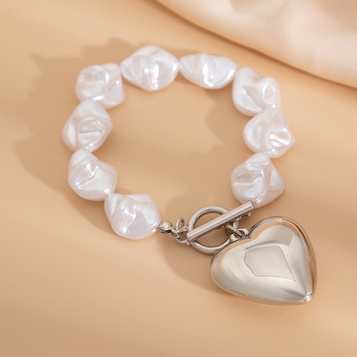 Elegant Toggle Clasp Heart Pendant Irregular Pearl Chain Necklace Bracelet