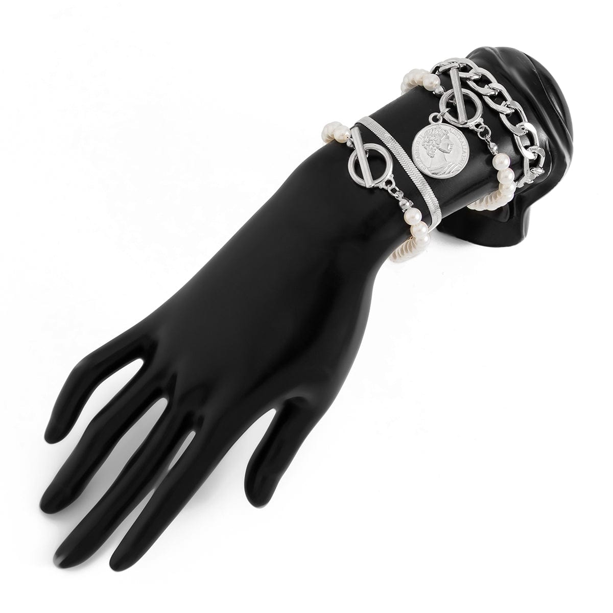 Elegant Toggle Clasp Relief Coin Charm Pearl Curb Chain Bracelet Set - ArtGalleryZen