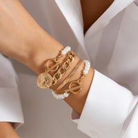 Thumbnail for Elegant Toggle Clasp Relief Coin Charm Pearl Curb Chain Bracelet Set