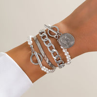 Thumbnail for Elegant Toggle Clasp Relief Coin Charm Pearl Curb Chain Bracelet Set