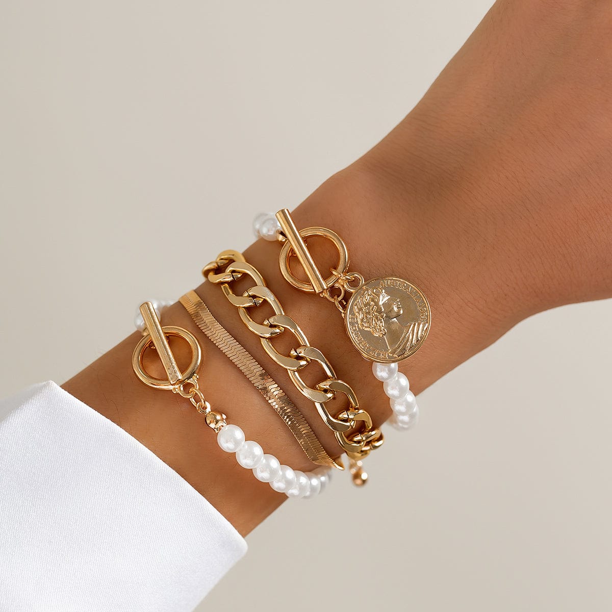 Elegant Toggle Clasp Relief Coin Charm Pearl Curb Chain Bracelet Set