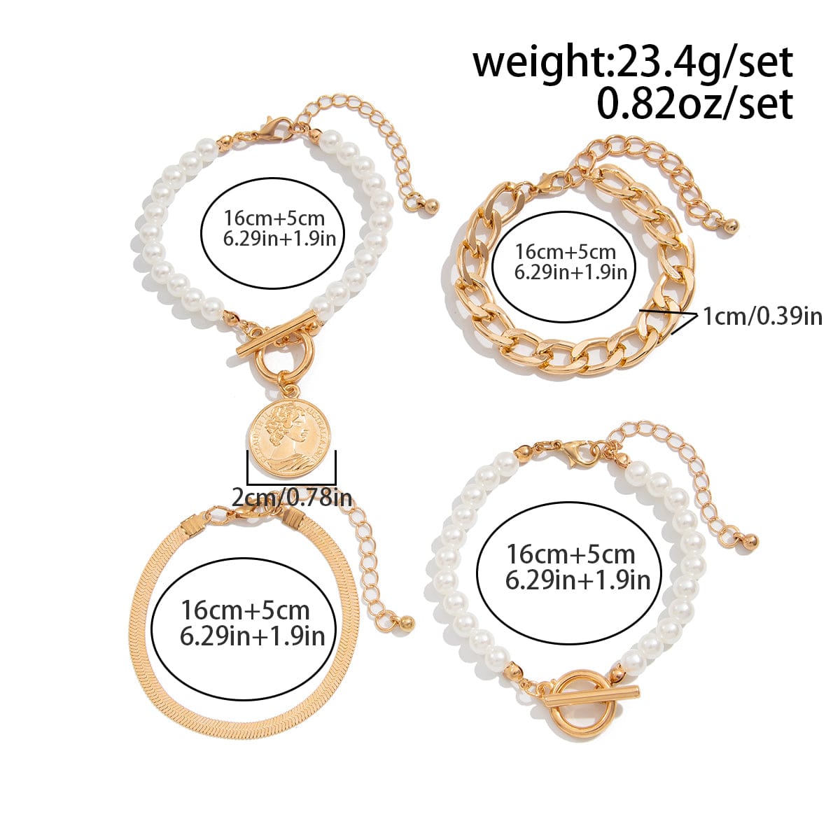 Elegant Toggle Clasp Relief Coin Charm Pearl Curb Chain Bracelet Set