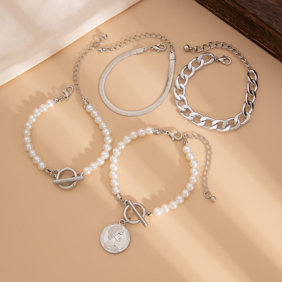 Elegant Toggle Clasp Relief Coin Charm Pearl Curb Chain Bracelet Set