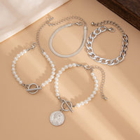 Thumbnail for Elegant Toggle Clasp Relief Coin Charm Pearl Curb Chain Bracelet Set