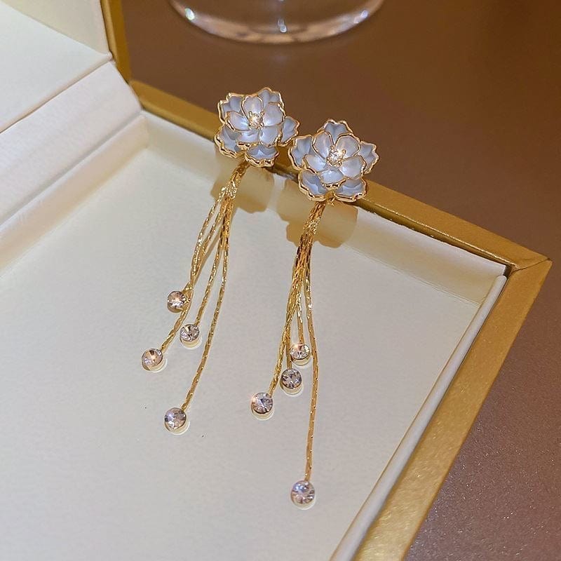 Enamel Camellia Flower Rhinestone Chain Tassel Earrings - ArtGalleryZen