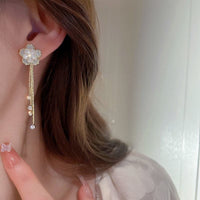 Thumbnail for Enamel Camellia Flower Rhinestone Chain Tassel Earrings - ArtGalleryZen
