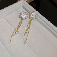 Thumbnail for Enamel Camellia Flower Rhinestone Chain Tassel Earrings - ArtGalleryZen