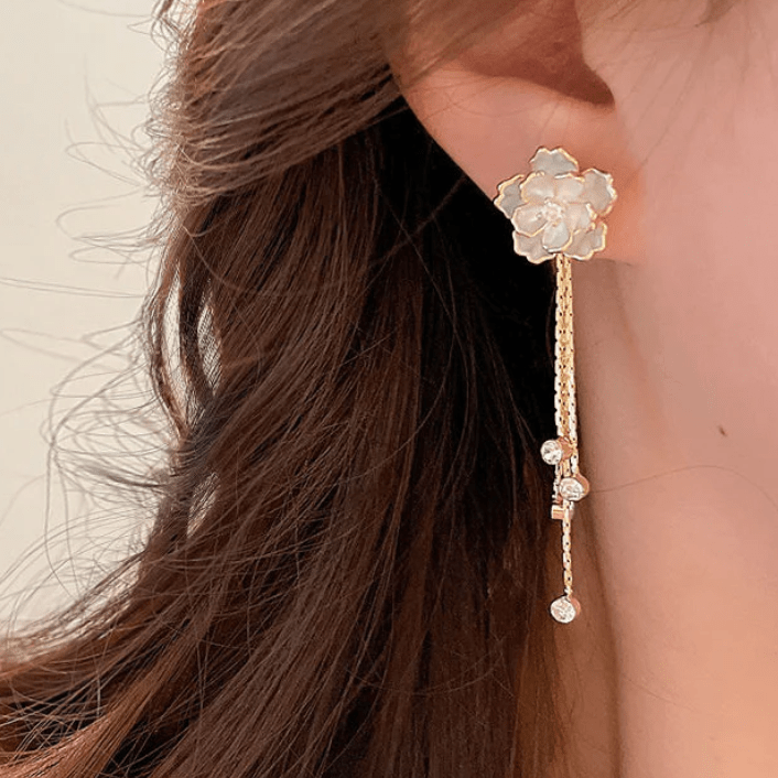 Enamel Camellia Flower Rhinestone Chain Tassel Earrings - ArtGalleryZen