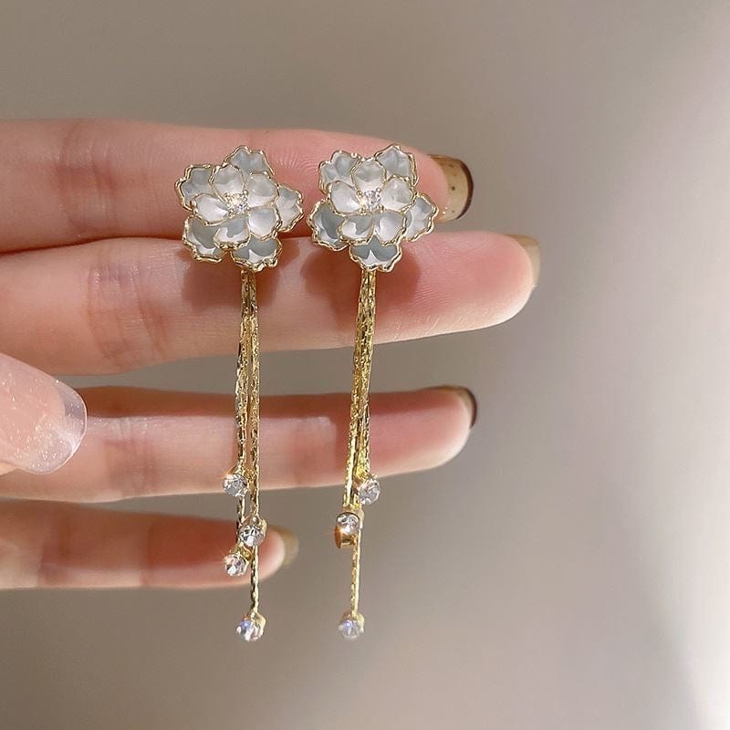 Enamel Camellia Flower Rhinestone Chain Tassel Earrings - ArtGalleryZen
