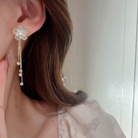 Thumbnail for Enamel Camellia Flower Rhinestone Chain Tassel Earrings - ArtGalleryZen
