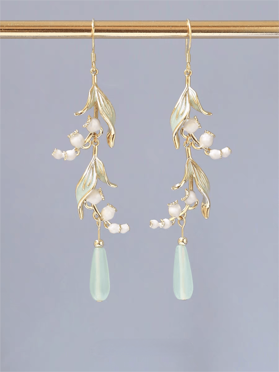 Enamel Lily Of The Valley Dangle Jade Earrings - ArtGalleryZen
