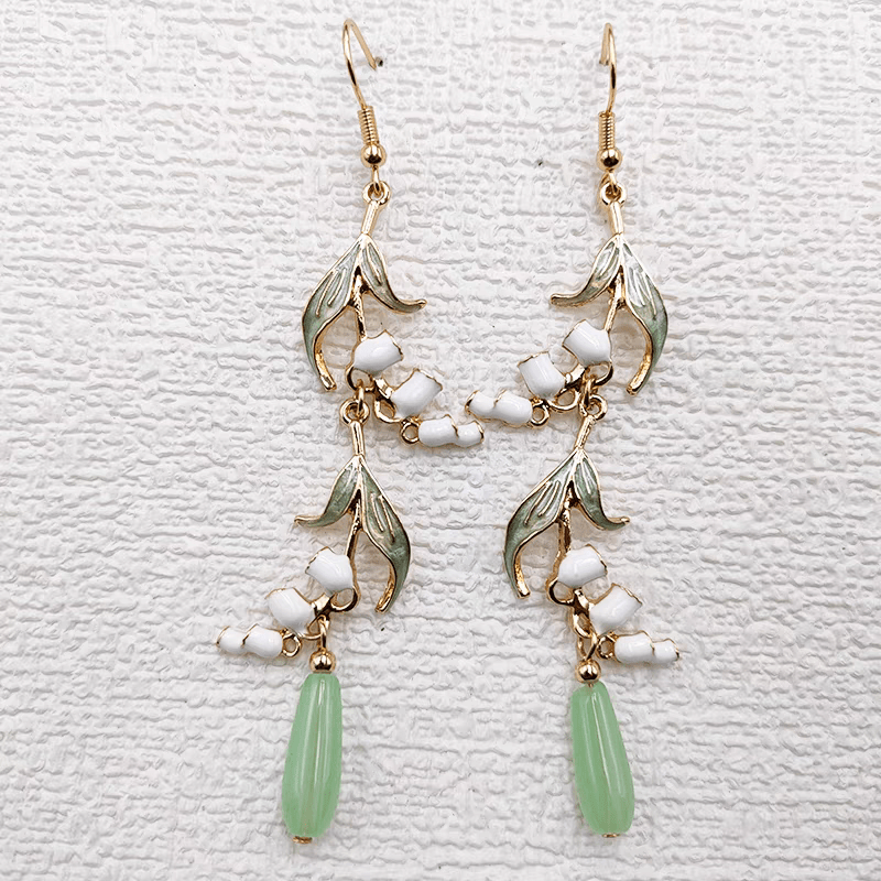 Enamel Lily Of The Valley Dangle Jade Earrings - ArtGalleryZen