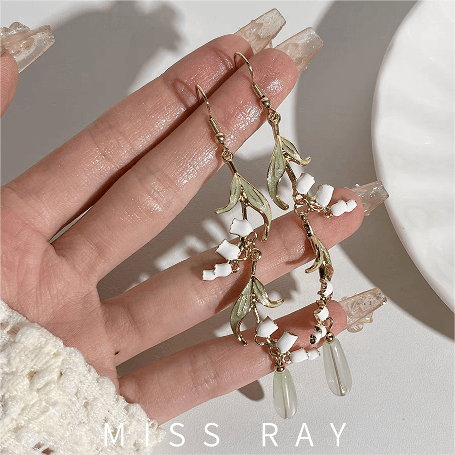 Enamel Lily Of The Valley Dangle Jade Earrings - ArtGalleryZen