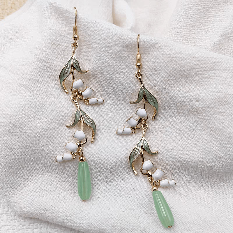 Enamel Lily Of The Valley Dangle Jade Earrings - ArtGalleryZen