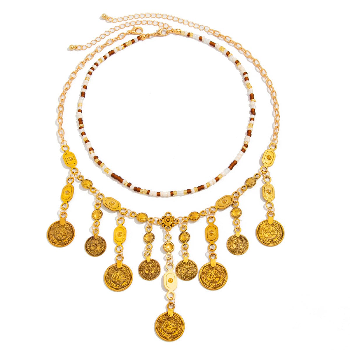Ethnic Style 2pcs Ancient Coin Pendant Seed Beaded Necklace Set - ArtGalleryZen