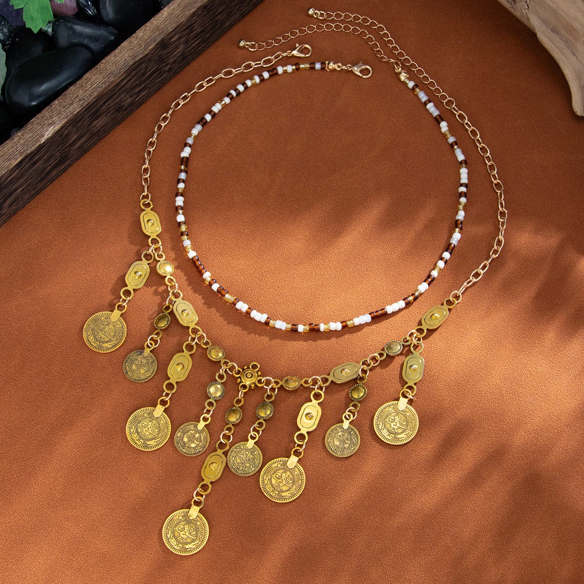 Ethnic Style 2pcs Ancient Coin Pendant Seed Beaded Necklace Set - ArtGalleryZen