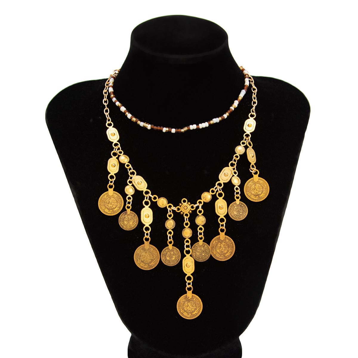Ethnic Style 2pcs Ancient Coin Pendant Seed Beaded Necklace Set - ArtGalleryZen