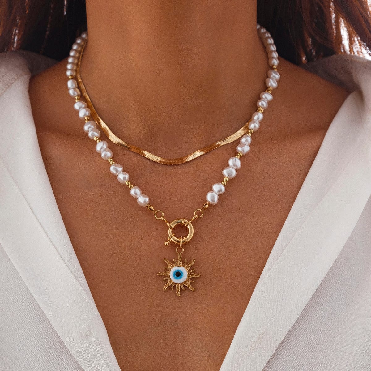 Ethnic Style 2pcs Evil Eye Sun Pendant Pearl Chain Necklace Set