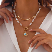 Thumbnail for Ethnic Style 2pcs Evil Eye Sun Pendant Pearl Chain Necklace Set