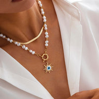 Thumbnail for Ethnic Style 2pcs Evil Eye Sun Pendant Pearl Chain Necklace Set