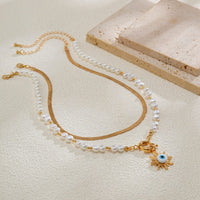 Thumbnail for Ethnic Style 2pcs Evil Eye Sun Pendant Pearl Chain Necklace Set