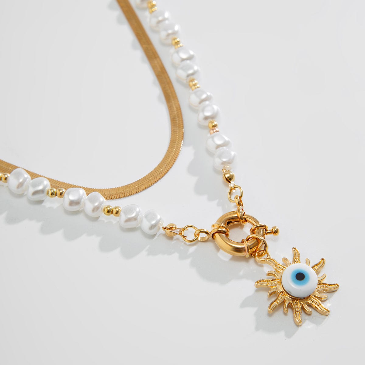 Ethnic Style 2pcs Evil Eye Sun Pendant Pearl Chain Necklace Set