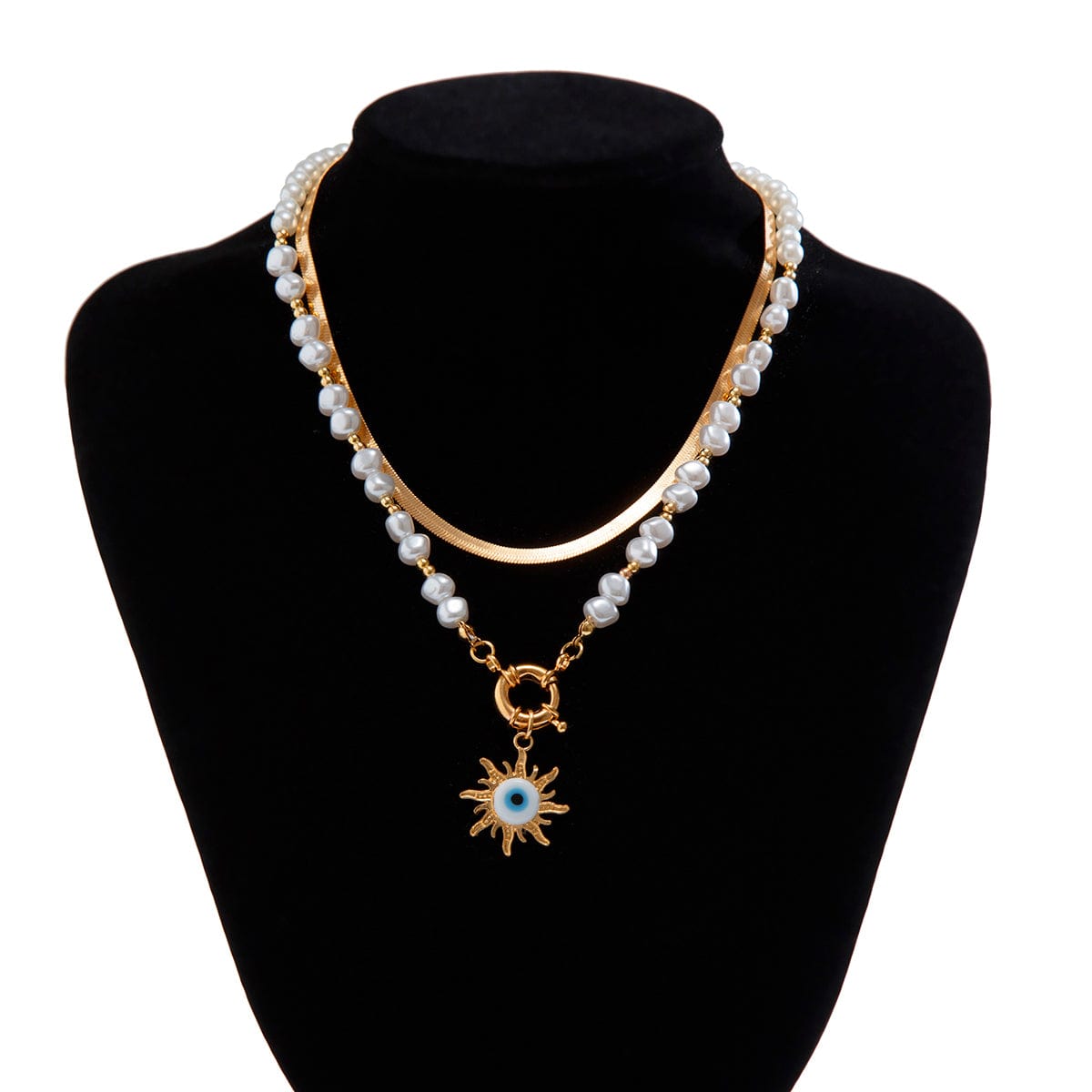 Ethnic Style 2pcs Evil Eye Sun Pendant Pearl Chain Necklace Set