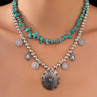 Thumbnail for Ethnic Style 2pcs Pattern Round Disk Charm Turquoise Beaded Chain Necklace Set - ArtGalleryZen