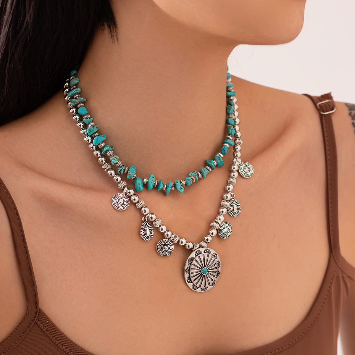 Ethnic Style 2pcs Pattern Round Disk Charm Turquoise Beaded Chain Necklace Set - ArtGalleryZen