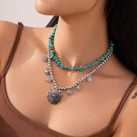Thumbnail for Ethnic Style 2pcs Pattern Round Disk Charm Turquoise Beaded Chain Necklace Set - ArtGalleryZen